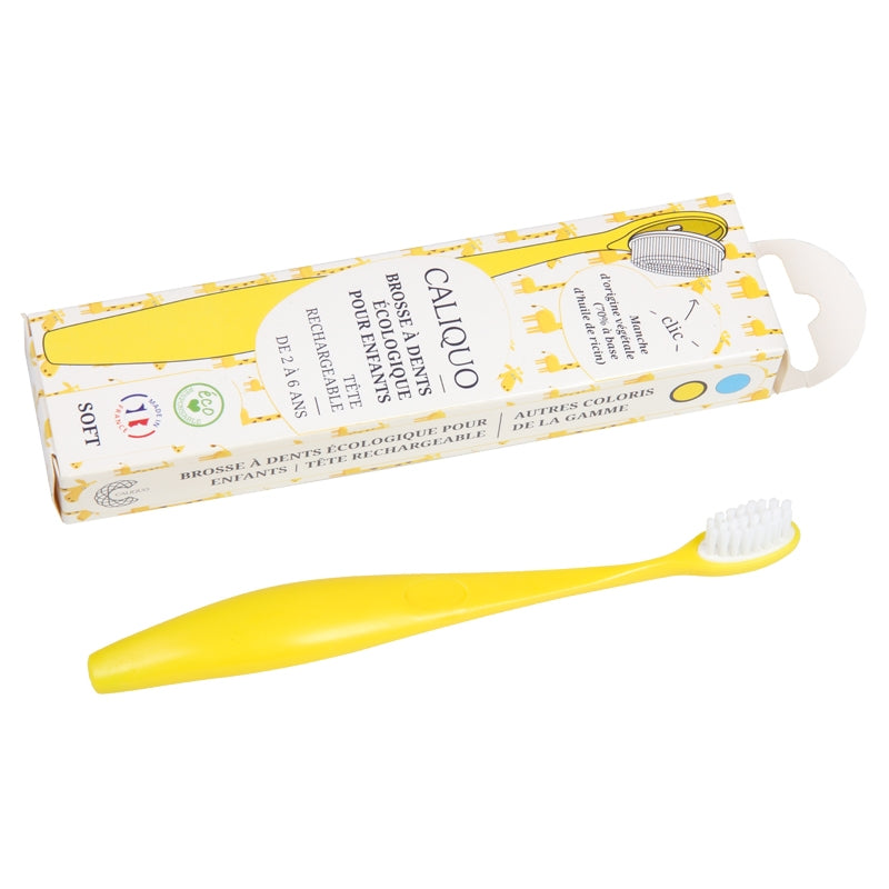 Caliquo - Kinderzahnbürste mit austauschbarem gelbem Bürstenkopf, weichem Nylon