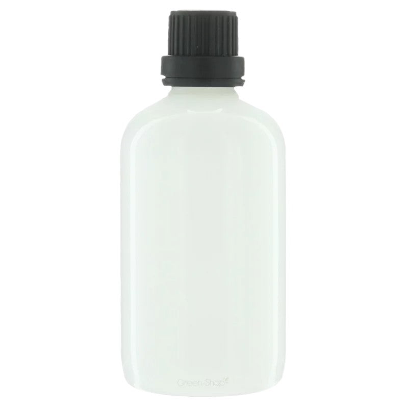Flacon en verre blanc 100ml avec bouchon-verseur à vis noir et anneau d'inviolabilité - 1 pièce - Potion & Co