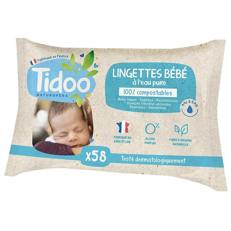 Tidoo - Lingettes bébé BIO eau pure sans parfum 58 pièces