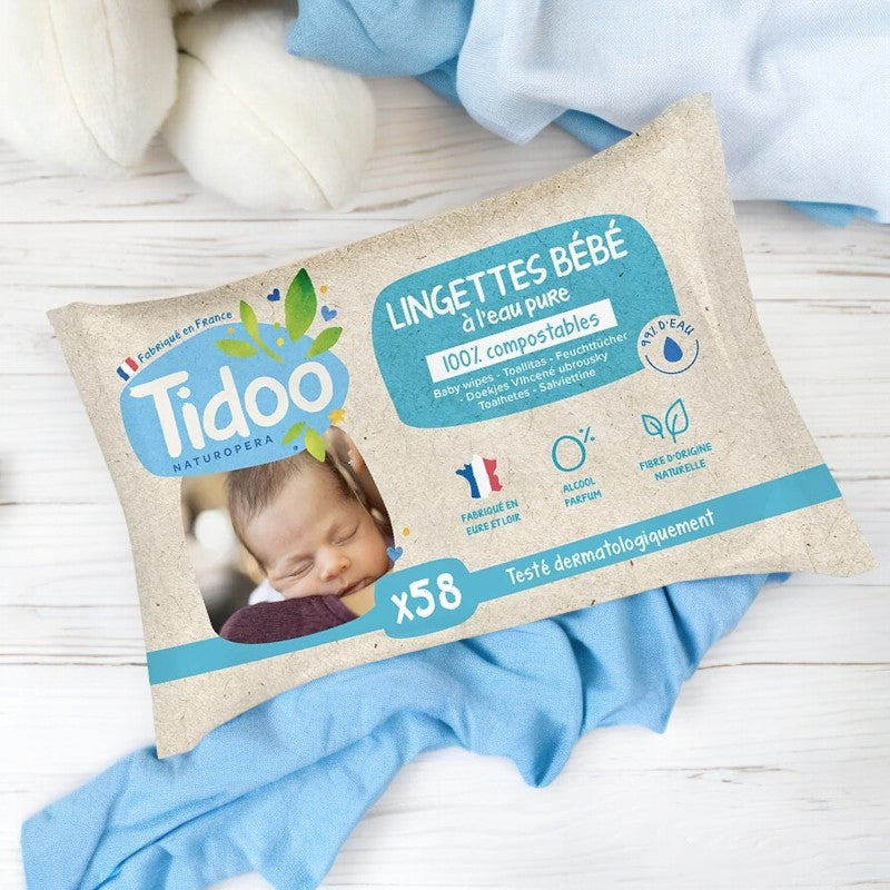 Tidoo - Lingettes bébé BIO eau pure sans parfum 58 pièces