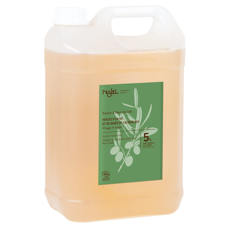 Savon d'Alep liquide BIO - huiles d'olive & 5% baies de laurier - visage & corps