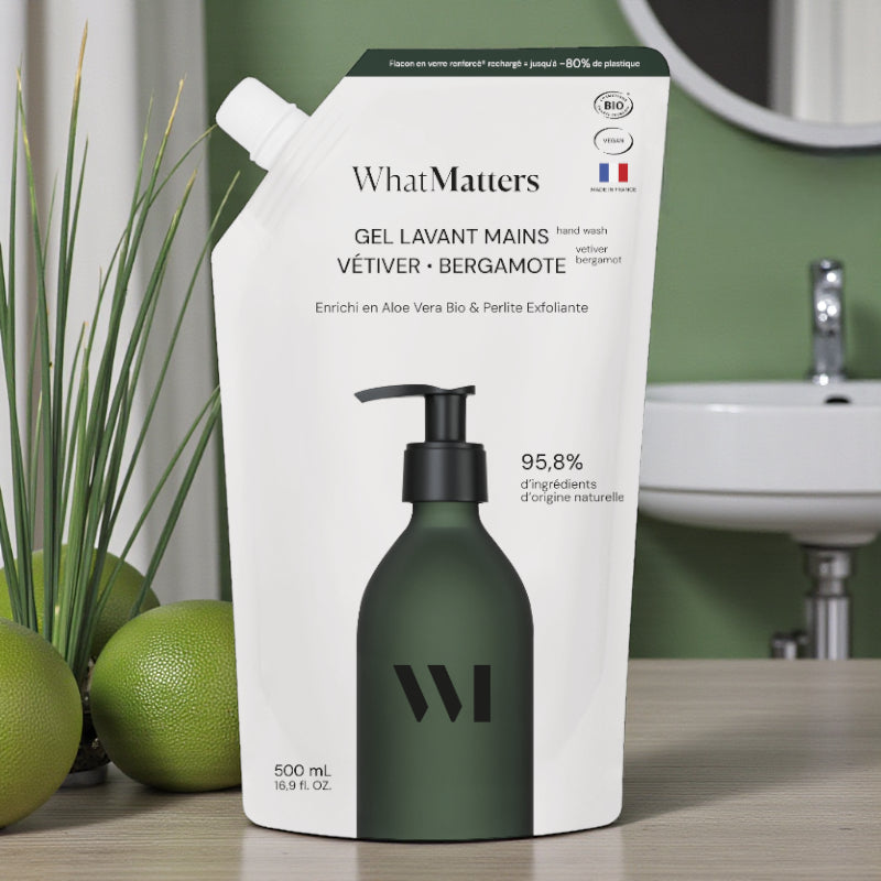 Ökologische Nachfüllpackung mit Bio-Handwaschgel mit Vetiver und Bergamotte - 500 ml - What Matters