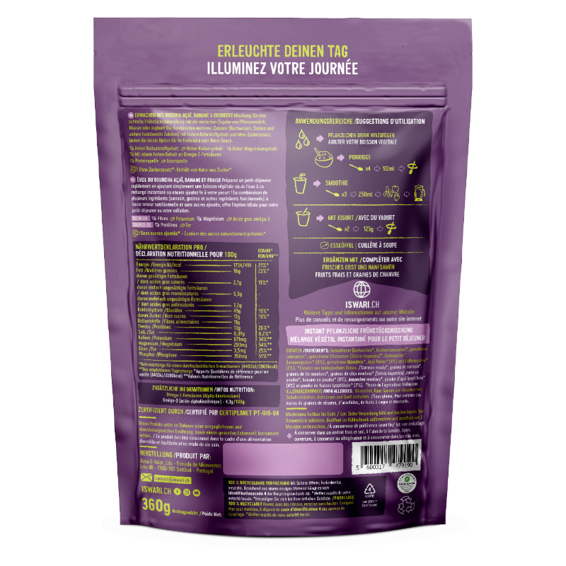 Iswari - Petit déjeuner cru açaï, banane & fraise BIO 360g