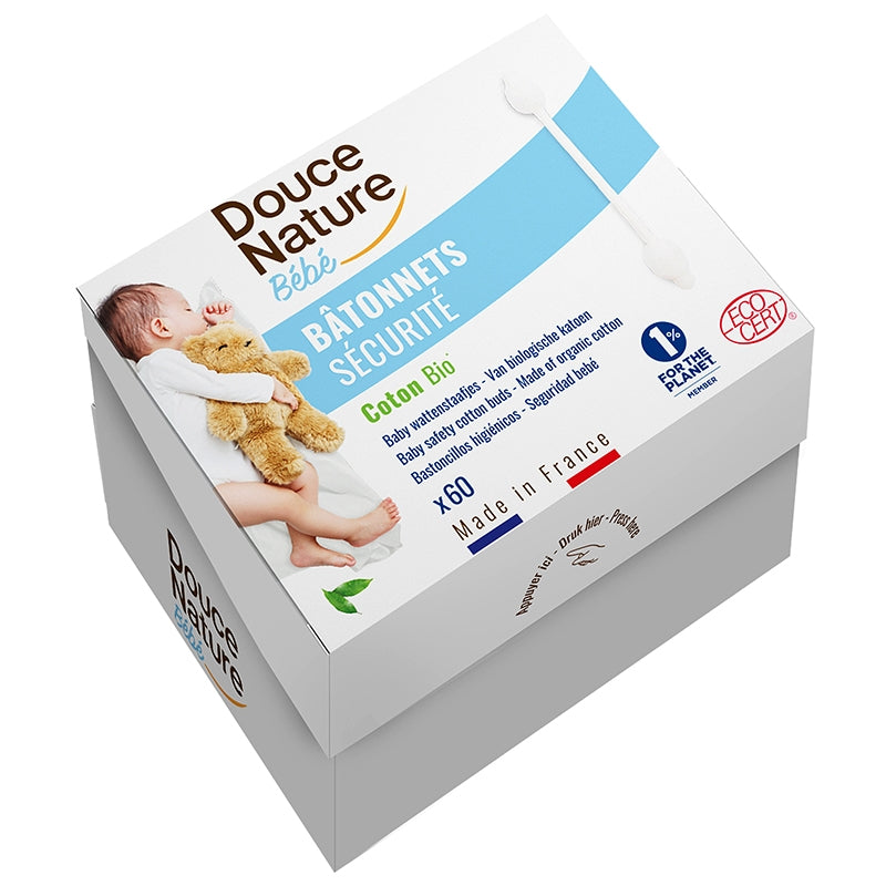 Douce Nature - Bâtonnets d'oreilles sécurité bébé en coton BIO 60 pièces
