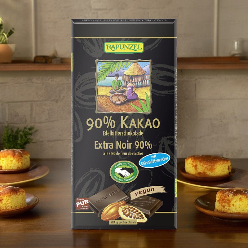 Extra dunkle Schokolade, 90 % Kakao und Bio-Kokosblütensaft - 80 g - Rapunzel