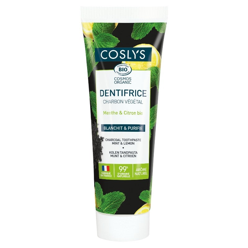 Coslys - Dentifrice charbon végétal BIO menthe & citron sans fluor 100g