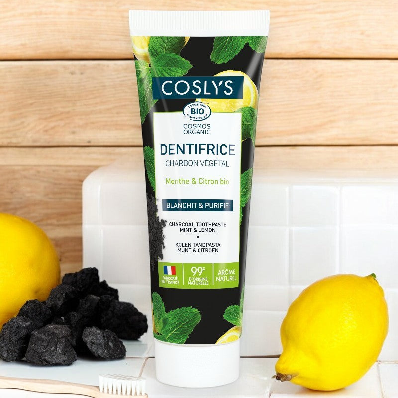Coslys - Dentifrice charbon végétal BIO menthe & citron sans fluor 100g