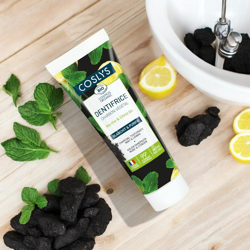 Coslys - Zahnpasta Aktivkohle Minze & Zitrone ohne Fluorid BIO 100g