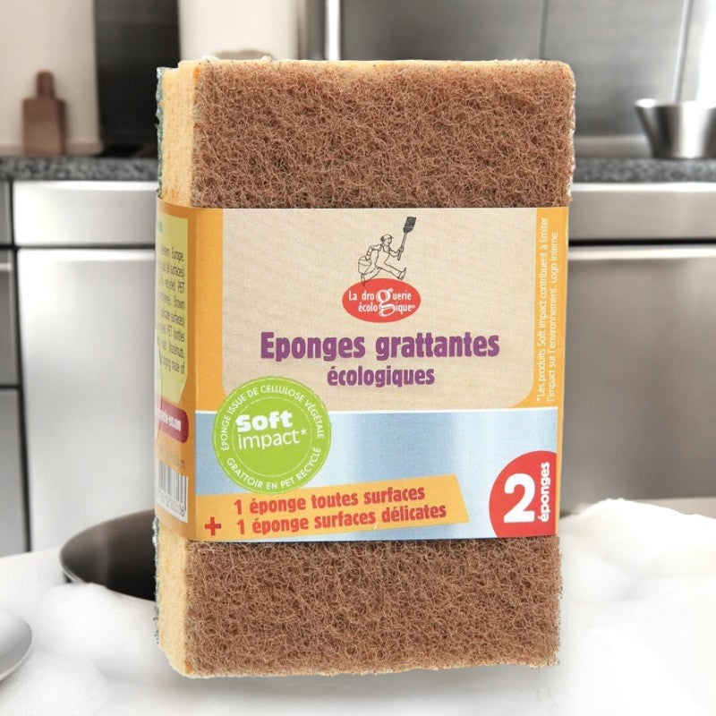 La Droguerie Écologique - Eponge grattante toutes surfaces & surfaces délicates ECO 2 pièces