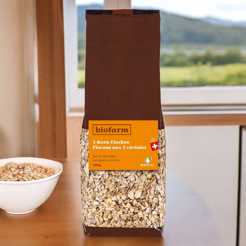Biofarm - Flocons aux 3 céréales aux grains anciens suisses BIO 500g