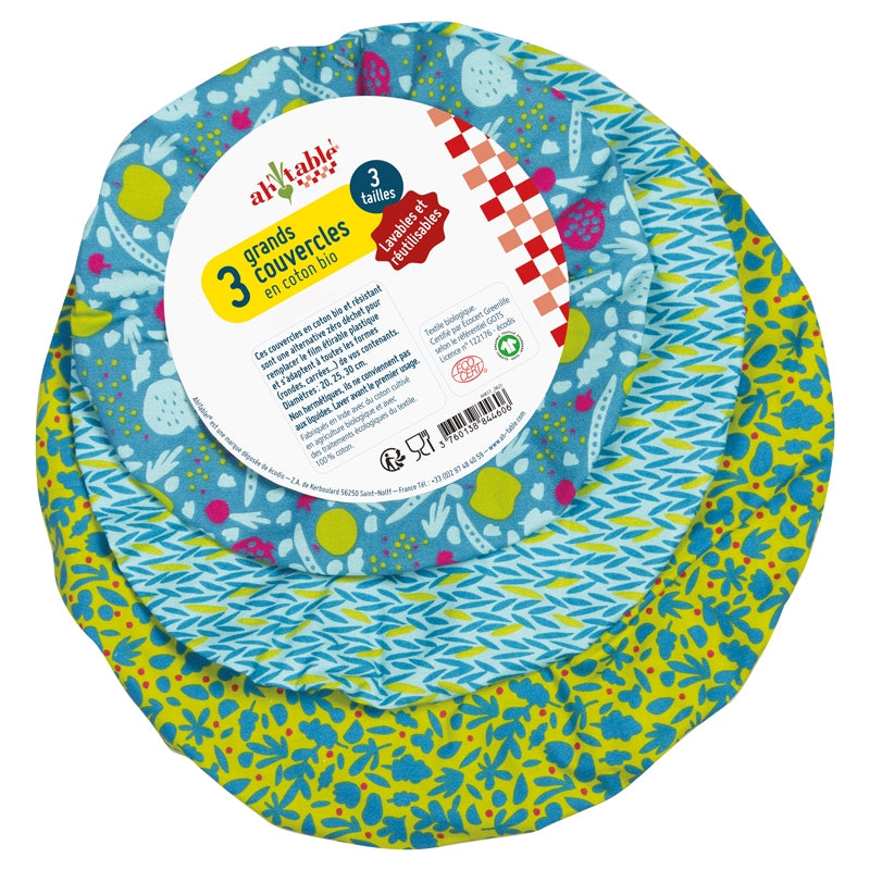 Ah Table ! - Kit 3 grands couvercles coton bio motif verger (20-30 cm)