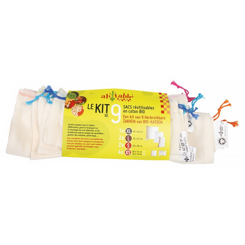 Ah Table ! - Set 9 wiederverwendbare Bio-Baumwollbeutel, 4 Größen