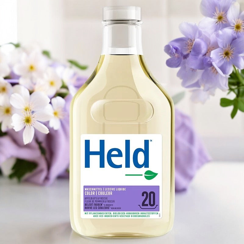 Held - Umweltfreundliches, farbiges Flüssigwaschmittel mit Apfelblüten- und Freesienduft