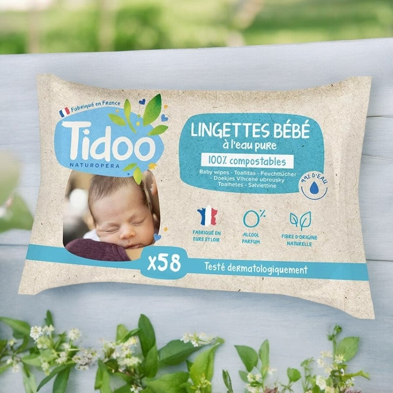 Bio-Babytücher, reines Wasser, unparfümiert - 58 Stück - Tidoo