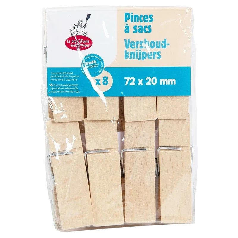 La Droguerie Écologique - Pinces à sac vrac en hêtre 8 pièces