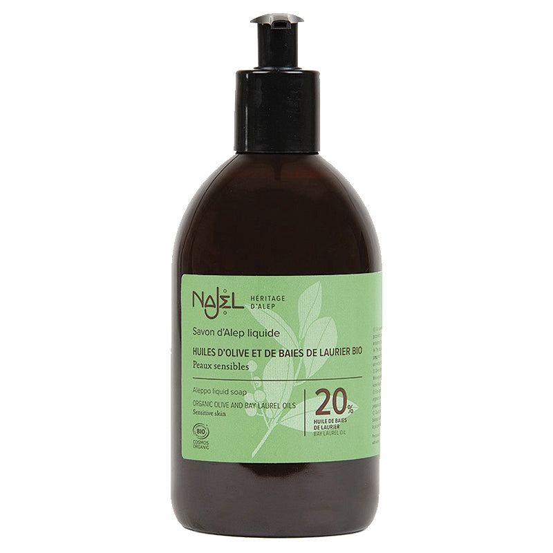 Savon d'Alep liquide BIO - huiles d'olive & 20% laurier - peaux sensibles