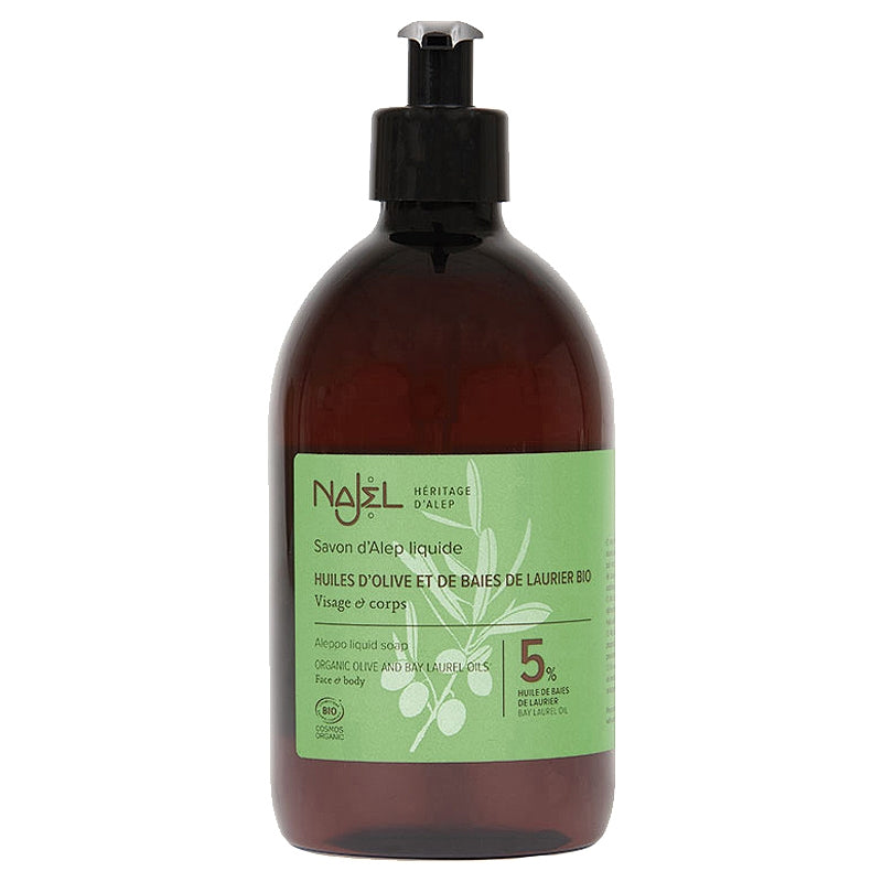 Savon d'Alep liquide BIO - huiles d'olive & 5% laurier - visage & corps
