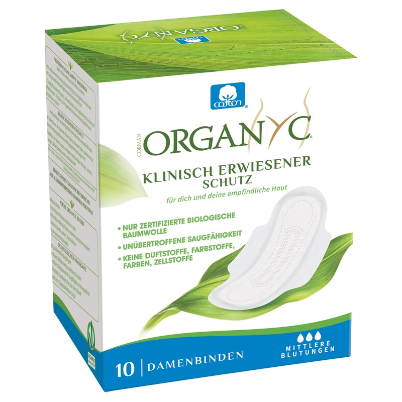 Serviettes hygiéniques bio Regular avec ailettes flux léger à moyen Organyc - 10 pièces