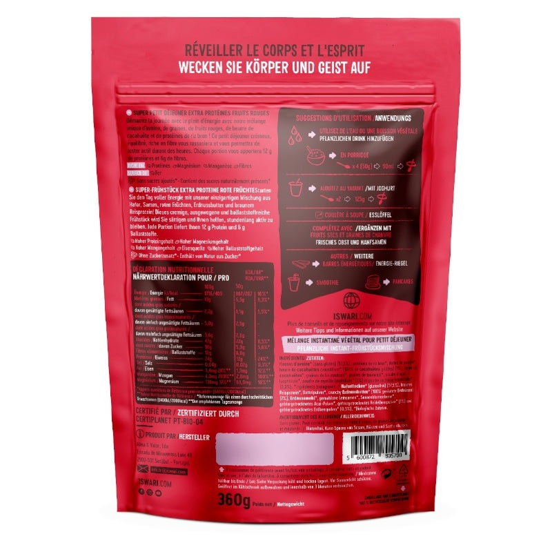 Iswari - Super petit déjeuner extra protéines fruits rouges BIO 360g